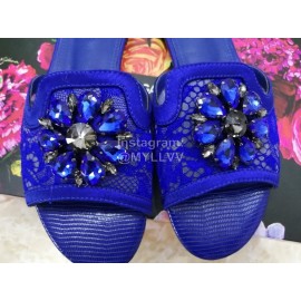 Dolce Gabbana New Flower Sheepskin Flat Heel Slippers For Women Blue