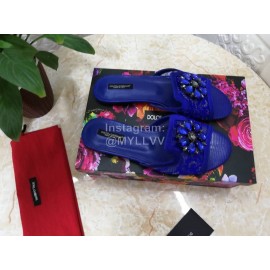 Dolce Gabbana New Flower Sheepskin Flat Heel Slippers For Women Blue