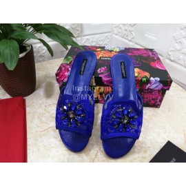 Dolce Gabbana New Flower Sheepskin Flat Heel Slippers For Women Blue