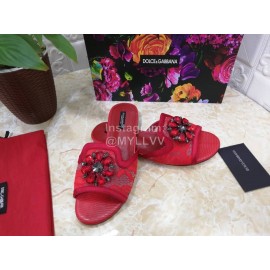 Dolce Gabbana New Flower Sheepskin Flat Heel Slippers For Women Red