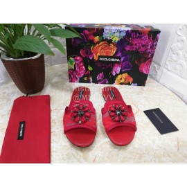 Dolce Gabbana New Flower Sheepskin Flat Heel Slippers For Women Red