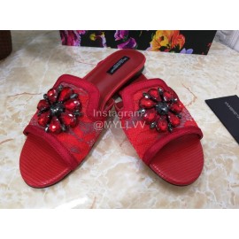 Dolce Gabbana New Flower Sheepskin Flat Heel Slippers For Women Red
