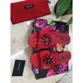Dolce Gabbana New Flower Sheepskin Flat Heel Slippers For Women Red