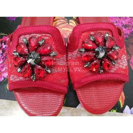 Dolce Gabbana New Flower Sheepskin Flat Heel Slippers For Women Red
