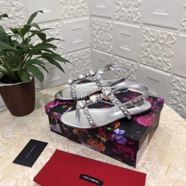 Dolce Gabbana Diamond Sheepskin Flat Heel Sandals For Women Silver