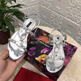 Dolce Gabbana Diamond Sheepskin Flat Heel Sandals For Women Silver