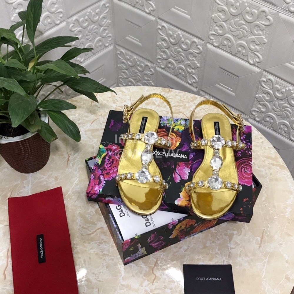 Dolce Gabbana Diamond Sheepskin Flat Heel Sandals For Women Gold