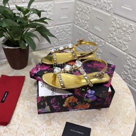 Dolce Gabbana Diamond Sheepskin Flat Heel Sandals For Women Gold