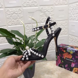 Dolce Gabbana Pearl Sheepskin High Heel Sandals For Women Black