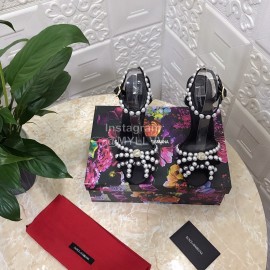 Dolce Gabbana Pearl Sheepskin High Heel Sandals For Women Black