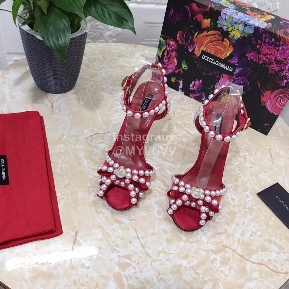 Dolce Gabbana Pearl Sheepskin High Heel Sandals For Women Red
