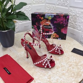 Dolce Gabbana Pearl Sheepskin High Heel Sandals For Women Red