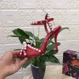 Dolce Gabbana Pearl Sheepskin High Heel Sandals For Women Red