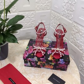 Dolce Gabbana Pearl Sheepskin High Heel Sandals For Women Red