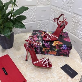 Dolce Gabbana Pearl Sheepskin High Heel Sandals For Women Red