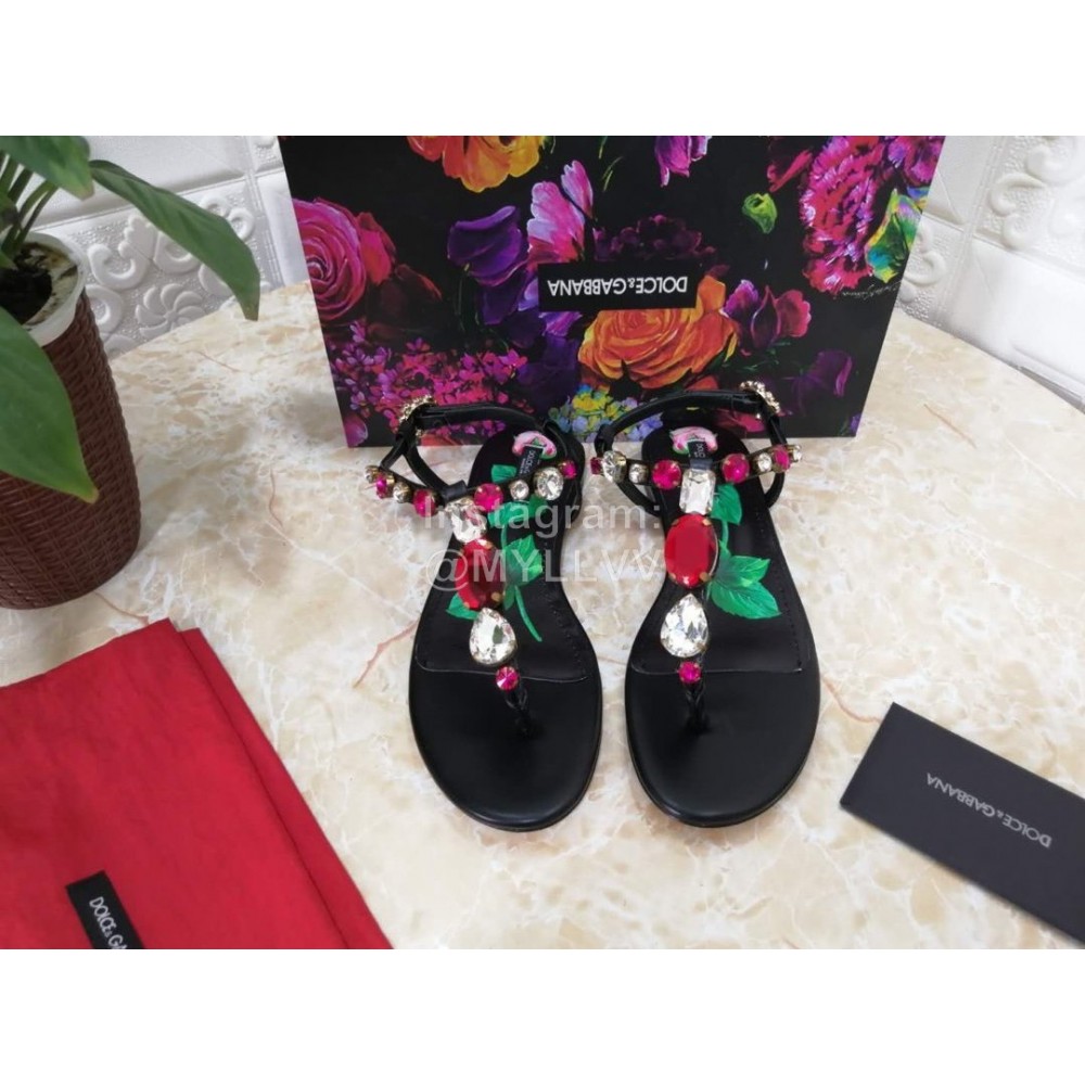 Dolce Gabbana Diamond Sheepskin Flat Heel Sandals For Women Black