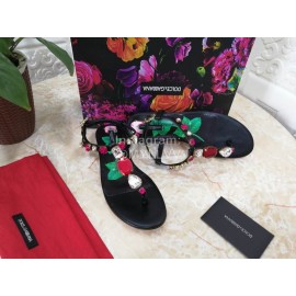 Dolce Gabbana Diamond Sheepskin Flat Heel Sandals For Women Black