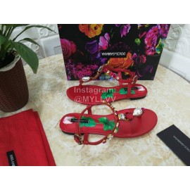 Dolce Gabbana Diamond Sheepskin Flat Heel Sandals For Women Red