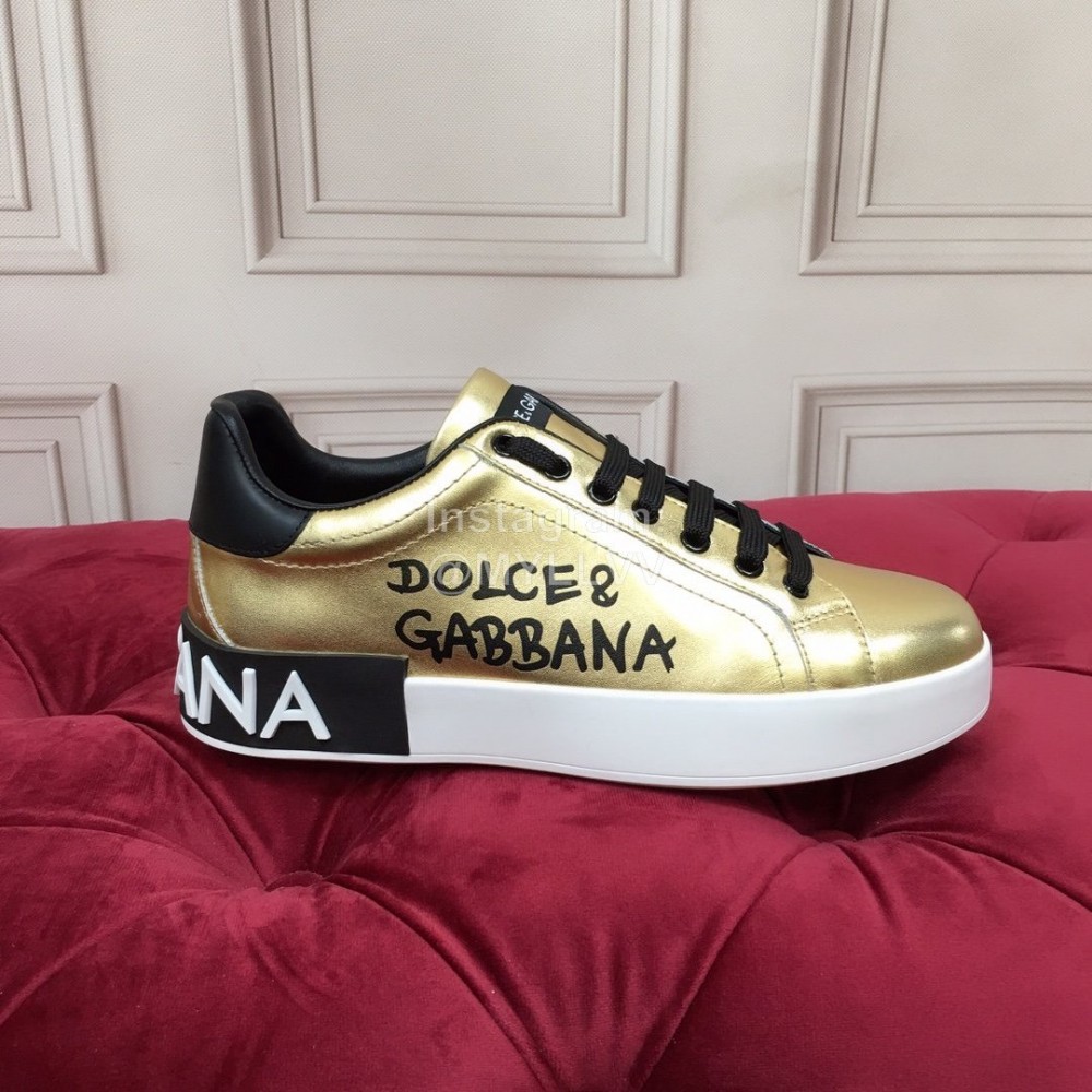 Dolce Gabbana Silk Cowhide Letter Printed Casual Shoes For Men And Women Gold