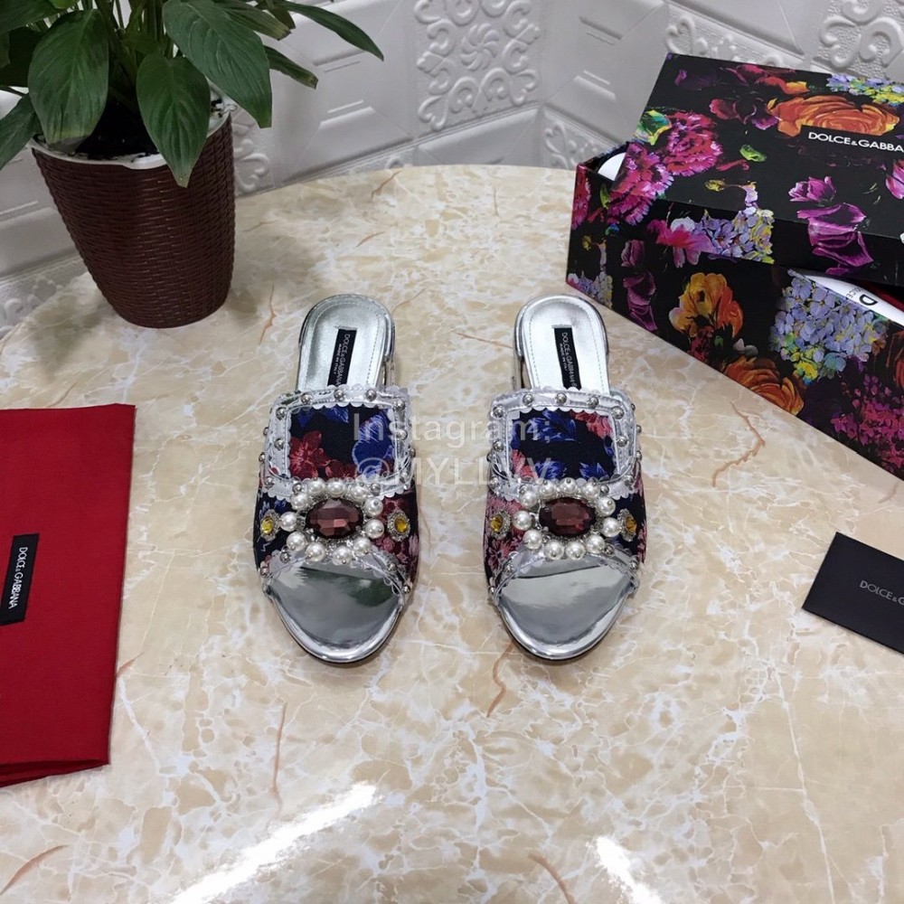 Dolce Gabbana New Diamond Rivet Sheepskin High Heel Slippers For Women Silver