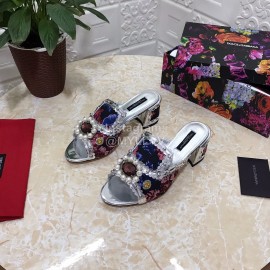 Dolce Gabbana New Diamond Rivet Sheepskin High Heel Slippers For Women Silver