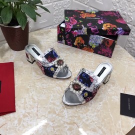 Dolce Gabbana New Diamond Rivet Sheepskin High Heel Slippers For Women Silver