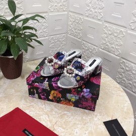 Dolce Gabbana New Diamond Rivet Sheepskin High Heel Slippers For Women Silver