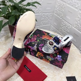 Dolce Gabbana New Diamond Rivet Sheepskin High Heel Slippers For Women Silver