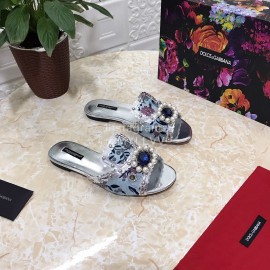 Dolce Gabbana New Diamond Rivet Sheepskin Flat Heel Slippers For Women Silver