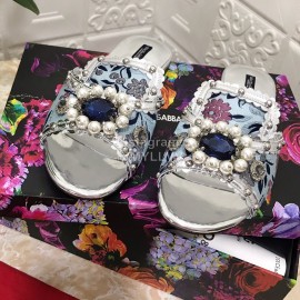 Dolce Gabbana New Diamond Rivet Sheepskin Flat Heel Slippers For Women Silver