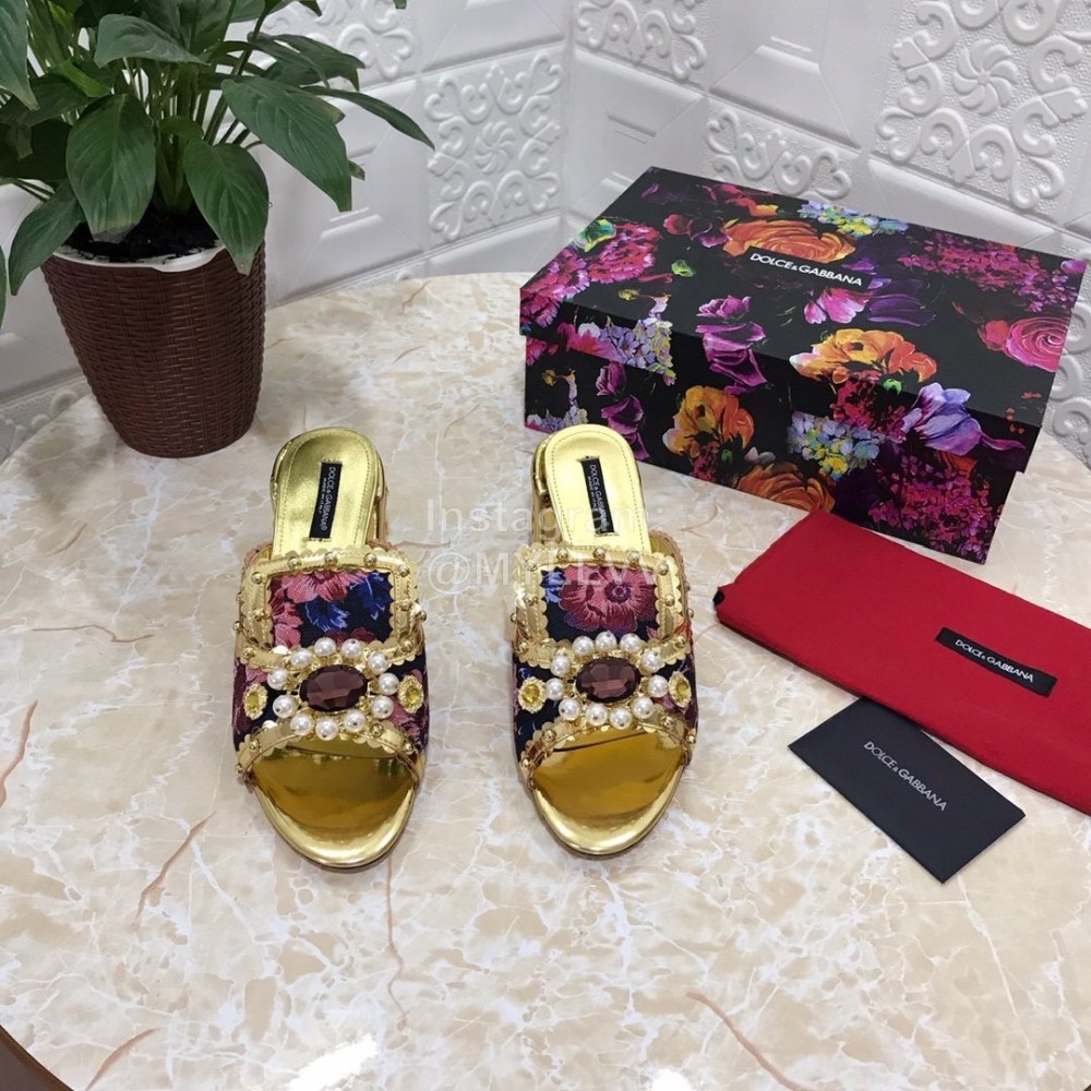 Dolce Gabbana New Diamond Rivet Sheepskin High Heel Slippers For Women Gold