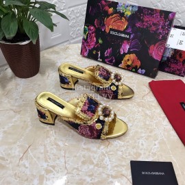 Dolce Gabbana New Diamond Rivet Sheepskin High Heel Slippers For Women Gold