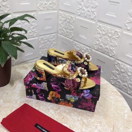 Dolce Gabbana New Diamond Rivet Sheepskin High Heel Slippers For Women Gold