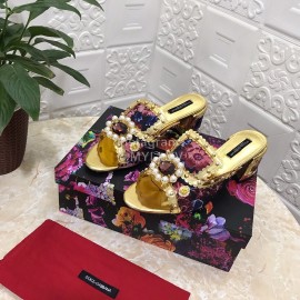 Dolce Gabbana New Diamond Rivet Sheepskin High Heel Slippers For Women Gold