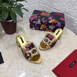 Dolce Gabbana New Diamond Rivet Sheepskin High Heel Slippers For Women Gold