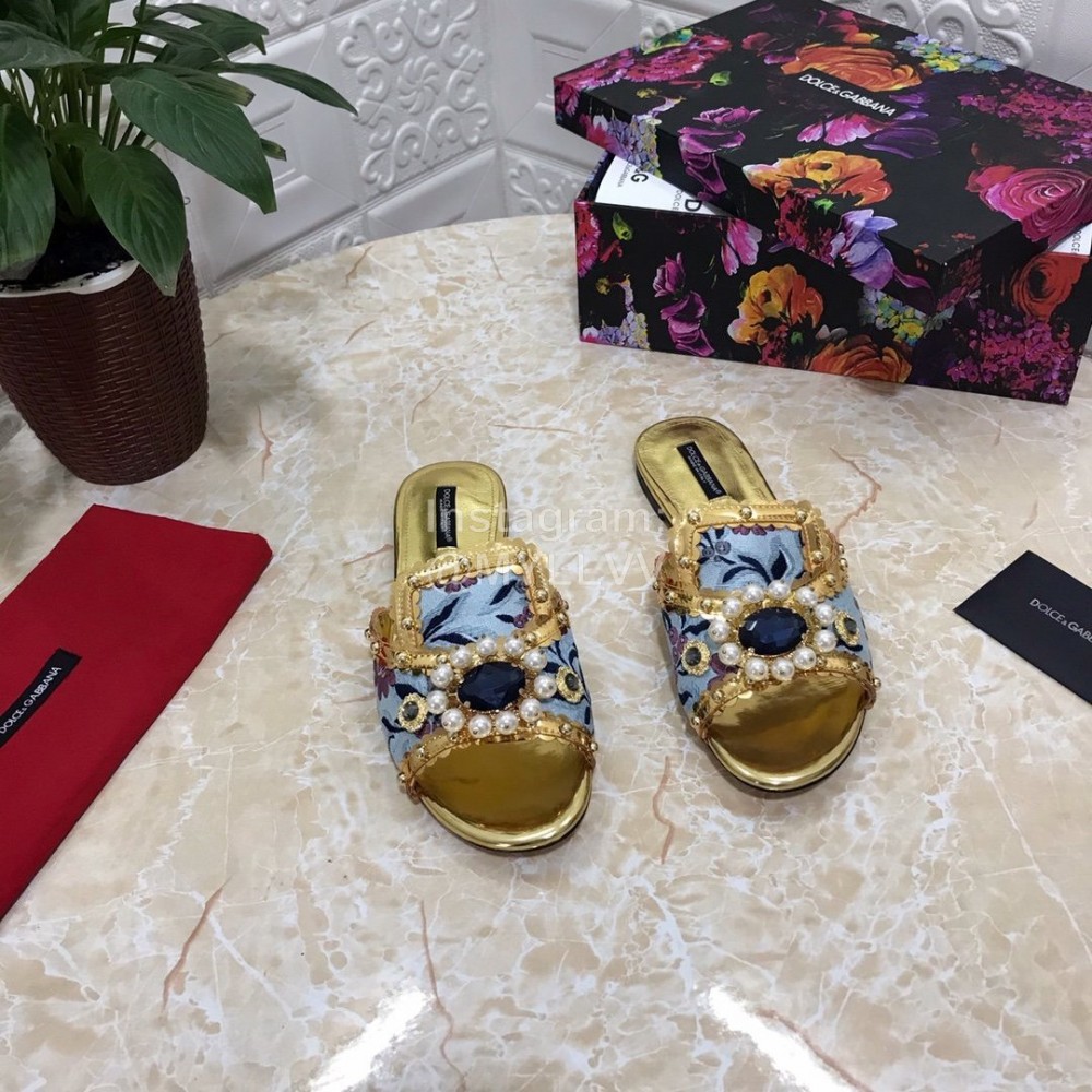 Dolce Gabbana New Diamond Rivet Sheepskin Flat Heel Slippers For Women Gold