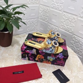 Dolce Gabbana New Diamond Rivet Sheepskin Flat Heel Slippers For Women Gold