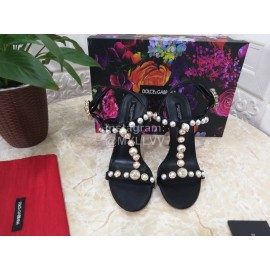 Dolce Gabbana Fashion Pearl Sheepskin High Heels Sandals For Women Black