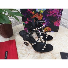 Dolce Gabbana Fashion Pearl Sheepskin High Heels Sandals For Women Black