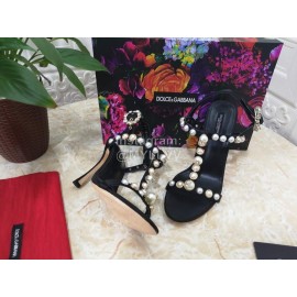 Dolce Gabbana Fashion Pearl Sheepskin High Heels Sandals For Women Black