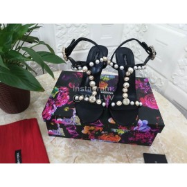 Dolce Gabbana Fashion Pearl Sheepskin High Heels Sandals For Women Black