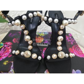 Dolce Gabbana Fashion Pearl Sheepskin High Heels Sandals For Women Black
