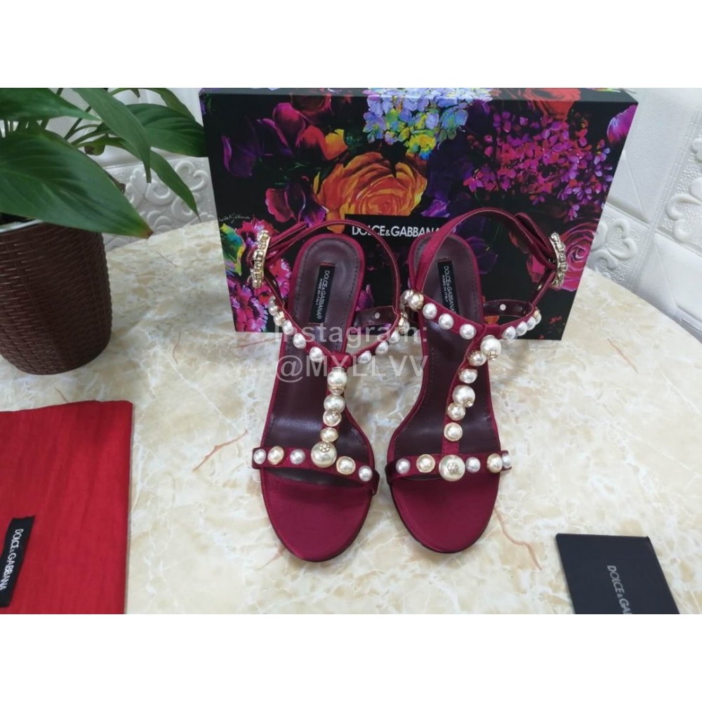 Dolce Gabbana Fashion Pearl Sheepskin High Heels Sandals For Women Wine Red