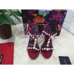 Dolce Gabbana Fashion Pearl Sheepskin High Heels Sandals For Women Wine Red