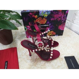 Dolce Gabbana Fashion Pearl Sheepskin High Heels Sandals For Women Wine Red
