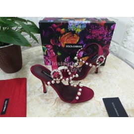 Dolce Gabbana Fashion Pearl Sheepskin High Heels Sandals For Women Wine Red