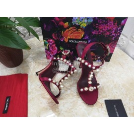 Dolce Gabbana Fashion Pearl Sheepskin High Heels Sandals For Women Wine Red