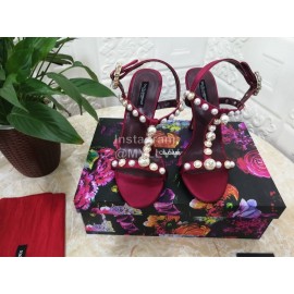 Dolce Gabbana Fashion Pearl Sheepskin High Heels Sandals For Women Wine Red