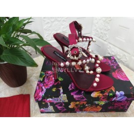 Dolce Gabbana Fashion Pearl Sheepskin High Heels Sandals For Women Wine Red