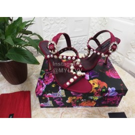 Dolce Gabbana Fashion Pearl Sheepskin High Heels Sandals For Women Wine Red